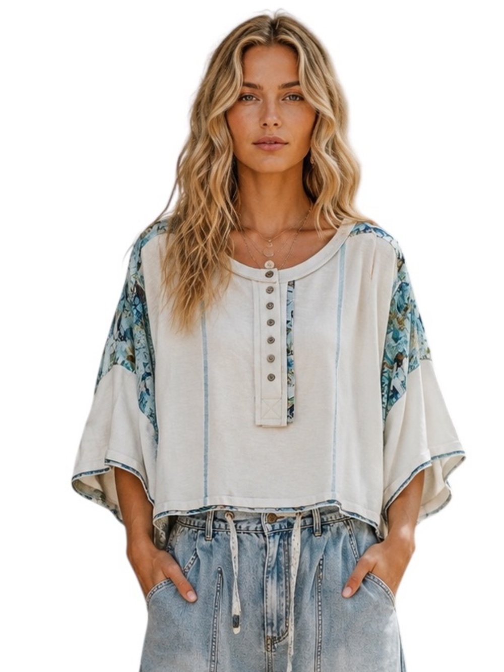 Pol White And Blue Tropical Floral Short Sleeve Top
